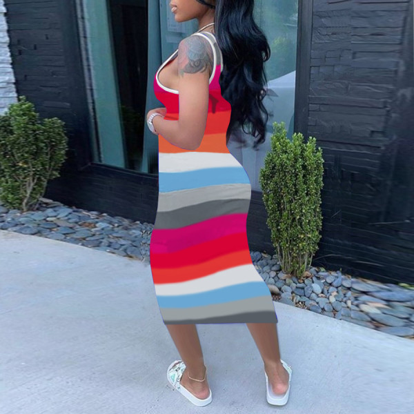 Fashion contrast color stripe print bag hip sexy dress H1655