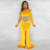 Long mopping irregular skirt waistless velvet one-shoulder sexy hot diamond nightclub dress YF9547