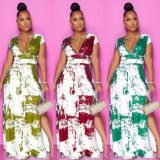 Digital printed V-neck airplane sleeve pleated side slit dress women SZ8047