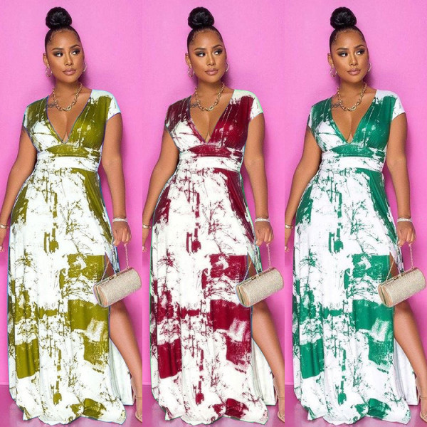 Digital printed V-neck airplane sleeve pleated side slit dress women SZ8047