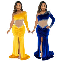 Long mopping irregular skirt waistless velvet one-shoulder sexy hot diamond nightclub dress YF9547 Long mopping irregular skirt waistless velvet one-shoulder sexy hot diamond nightclub dress YF9547