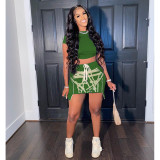 Summer Fashion Drawstring Printed Waist Short Sleeve Short Skirt Set A5234