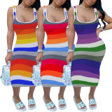 Fashion contrast color stripe print bag hip sexy dress H1655