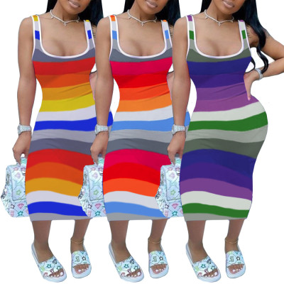 Fashion contrast color stripe print bag hip sexy dress H1655