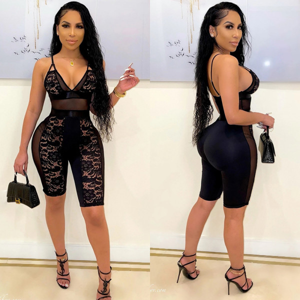 Sleeveless Skinny Sexy Hollow Sling Lace V-Neck Bodysuit Women's