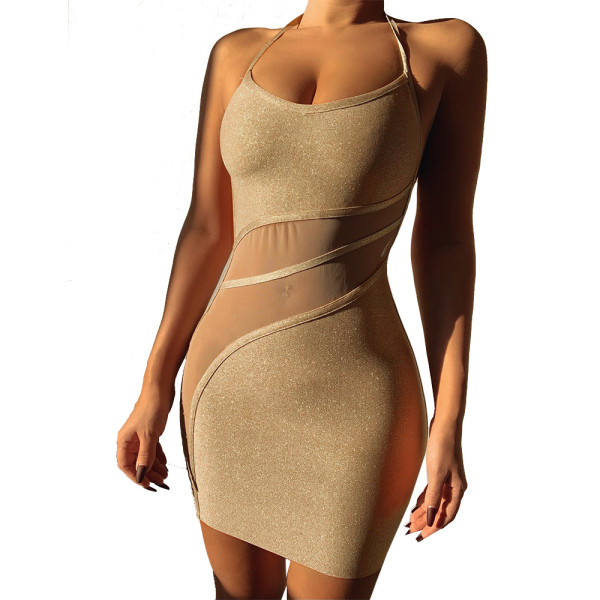 New women's mesh mesh perspective sexy hollow lace-up one-step skirt