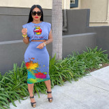 Sleeveless Padded Shoulder T-shirt One Step Skirt Printed Fashion Casual Suit U8090