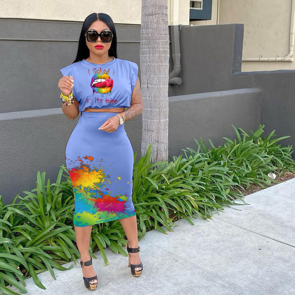 Sleeveless Padded Shoulder T-shirt One Step Skirt Printed Fashion Casual Suit U8090