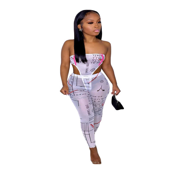 Letter print sexy strapless chest wrap two-piece suit F6660