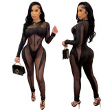Sexy mesh see-through stitching black jumpsuit nightclub suit S390244
