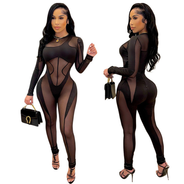 Sexy mesh see-through stitching black jumpsuit nightclub suit S390244