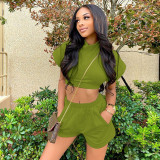 Wide-sleeved round neck open belly solid color fashion sexy 2-piece set SZ8072