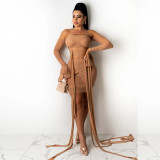 Wrapped chest straps trumpet sleeves mesh fashionable sexy 2-piece set SZ8067