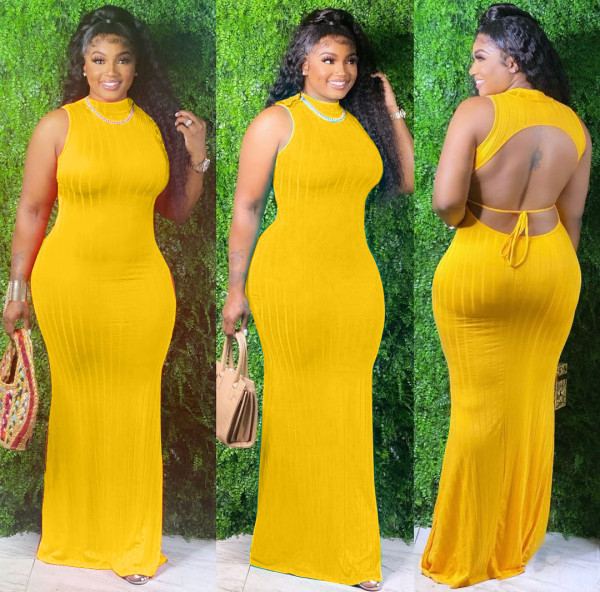 Solid color pit strip nude back dress DL8090