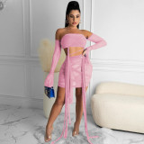 Wrapped chest straps trumpet sleeves mesh fashionable sexy 2-piece set SZ8067