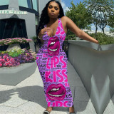 Fashion sexy long skirt lip positioning print dress GH052