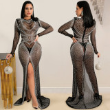 Fashion nightclub hot drill women's mesh see-through long-sleeved slit dress women X5595