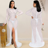 Fashion nightclub hot drill women's mesh see-through long-sleeved slit dress women X5595