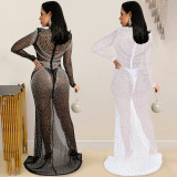 Fashion nightclub hot drill women's mesh see-through long-sleeved slit dress women X5595