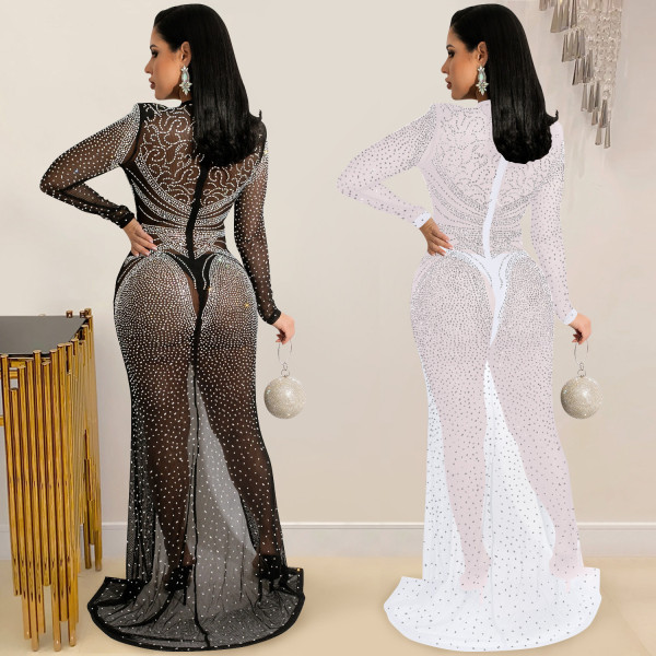 Fashion nightclub hot drill women's mesh see-through long-sleeved slit dress women X5595