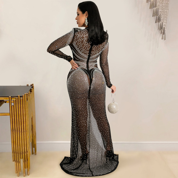 Fashion nightclub hot drill women's mesh see-through long-sleeved slit dress women X5595