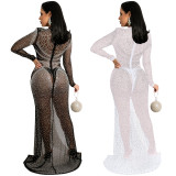 Fashion nightclub hot drill women's mesh see-through long-sleeved slit dress women X5595