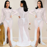 Fashion nightclub hot drill women's mesh see-through long-sleeved slit dress women X5595