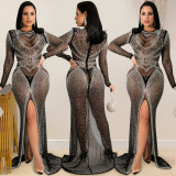 Fashion nightclub hot drill women's mesh see-through long-sleeved slit dress women X5595
