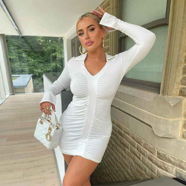 2021 autumn/winter hot product new deep V lapel long sleeve pleated solid color dress D175838W