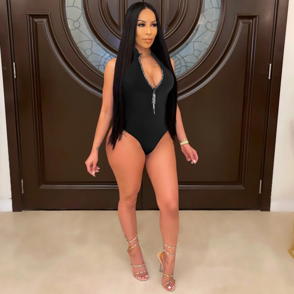 Fashion Women's Sleeveless Solid Color Masonry Zipper Jumpsuit