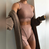 Crewneck Vest Thread High Waist Casual Two Piece Set