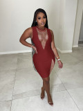 Sexy Deep V Stitching Color Diamond Sleeveless Slim Nightclub Dress