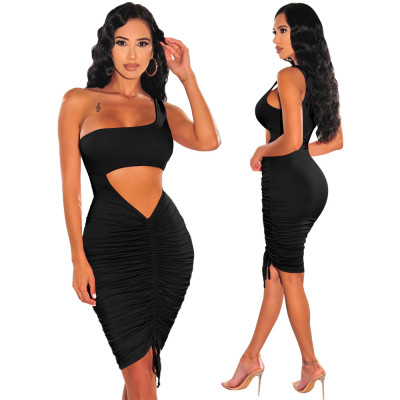 Sleeveless Solid Nightclub Smocked Sexy Dress