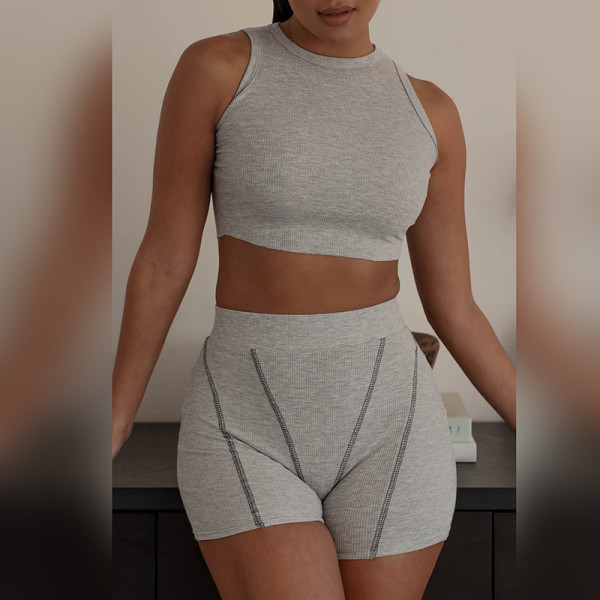 Crewneck Vest Thread High Waist Casual Two Piece Set