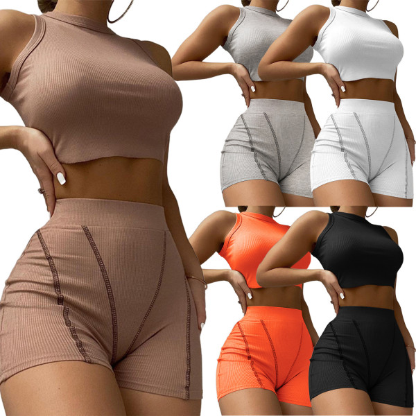 Crewneck Vest Thread High Waist Casual Two Piece Set