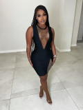 Sexy Deep V Stitching Color Diamond Sleeveless Slim Nightclub Dress