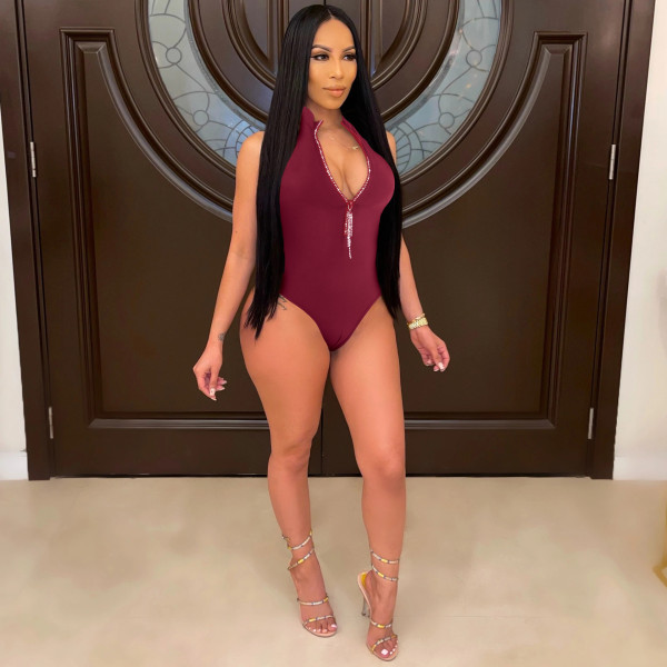 Fashion Women's Sleeveless Solid Color Masonry Zipper Jumpsuit