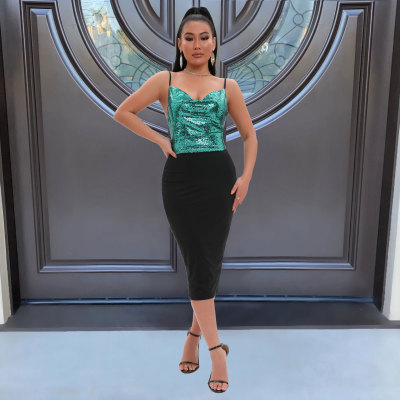 Sequin Panel Body Dress with Adjustable Straps