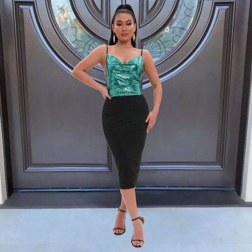 Sequin Panel Body Dress with Adjustable Straps