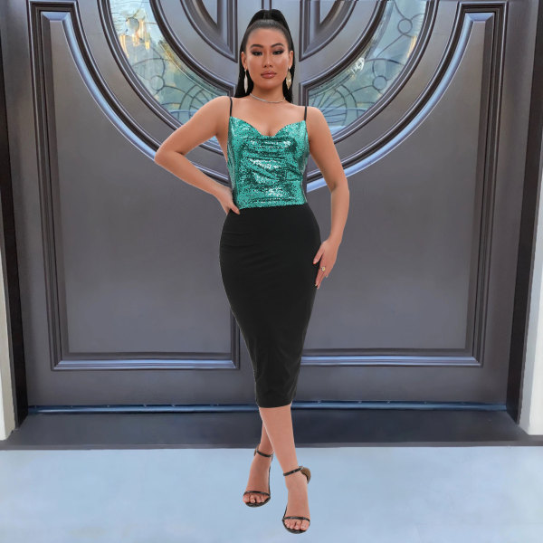 Sequin Panel Body Dress with Adjustable Straps