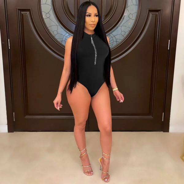 Fashion Women's Sleeveless Solid Color Masonry Zipper Jumpsuit