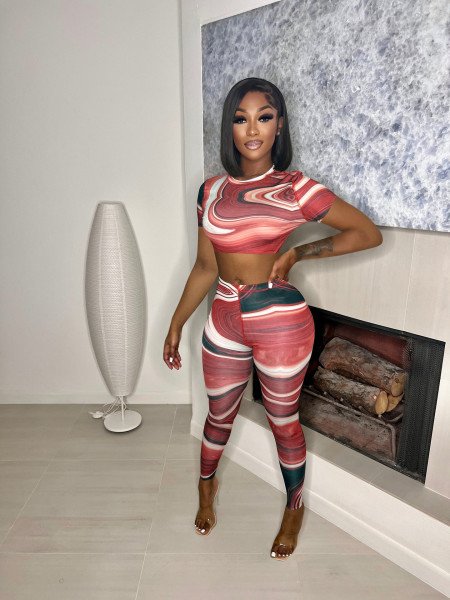 Printed short-sleeved belly button two-piece pencil pants