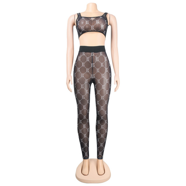 Sexy mesh print two-piece nightclub
