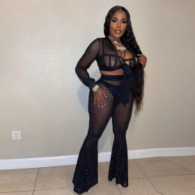 Sexy sheer gauze long-sleeved two-piece nightclub suit