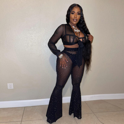 Sexy sheer gauze long-sleeved two-piece nightclub suit