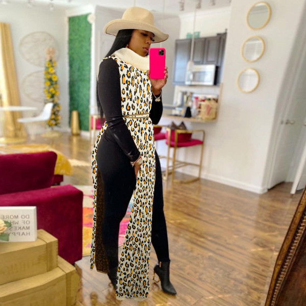 Sexy Side Split Leopard Print Sweater Dress Nightclub Skirt