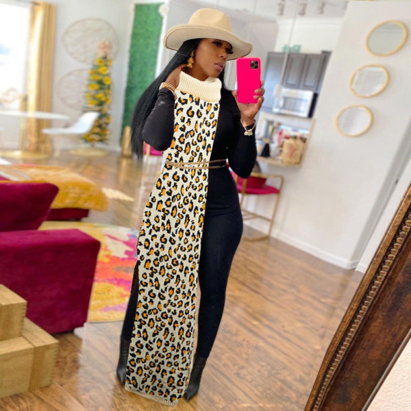 Sexy Side Split Leopard Print Sweater Dress Nightclub Skirt