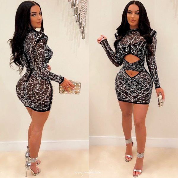 Sexy Perspective Hot Diamond Long Sleeve Dress Nightclub