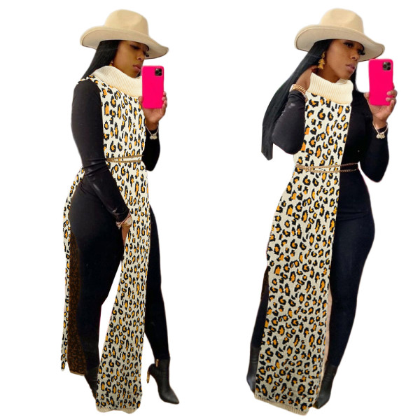 Sexy Side Split Leopard Print Sweater Dress Nightclub Skirt