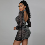 Sexy see-through hot-drilled mesh tight-fitting dress